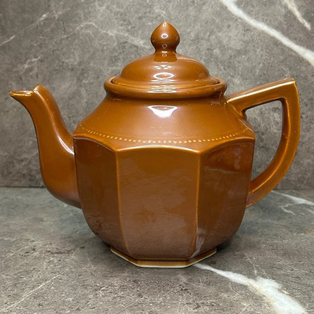 Vintage Ceramic Teapot Caramel Brown Glazed Tea Pot with Lid Dotted Trim Japan